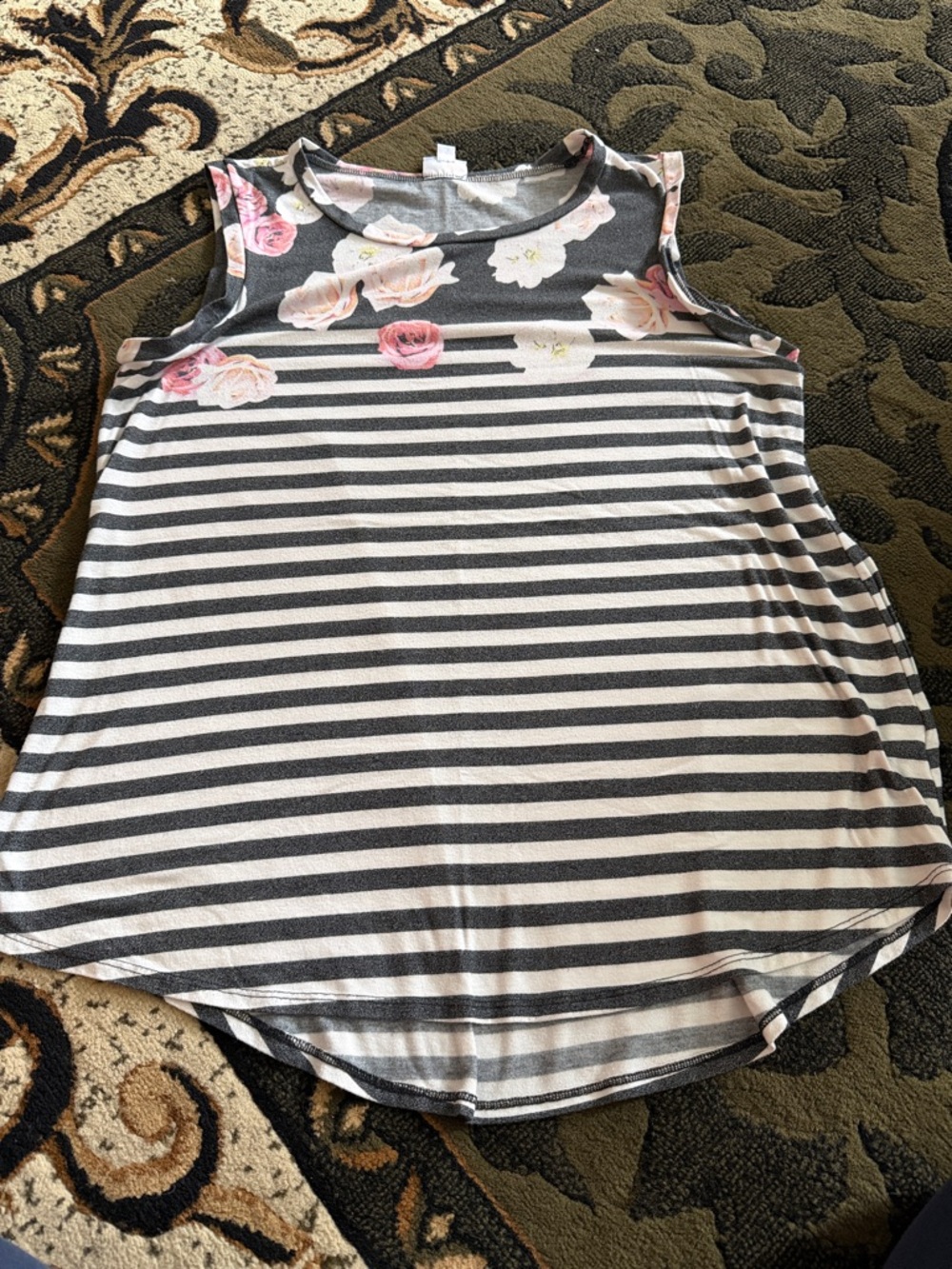 LuLaRoe Gray & White Striped Tank with Pink Floral Yoke